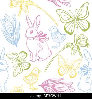 Rabbit, flowers, butterfly, bird. Hand drawn seamless pattern. vintage easter elements. Spring collection sketch illustrations. For kid nursery design Stock Vector