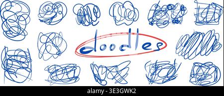 Blue messy pen abstract hand-drawn doodles. Vector pencil scratches isolated on transparent background. Scribbles, naive expressive scratches. Doodle Stock Vector
