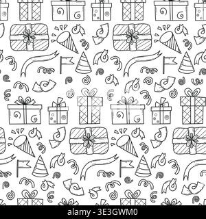 Party Birthday Seamless Doodle Pattern. Black Line Art Present, Gift Boxes, Flags, Firecrackers and Festive Tinsel on White Background. Hand Drawn hol Stock Vector