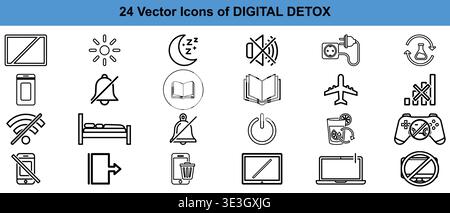 A collection of twenty-four black and white line vector icons representing digital detox themes Vector Stock Vector