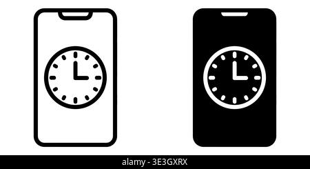 Two icons of a smartphone displaying a clock face in both outlined and solid black design styles Vector Stock Vector