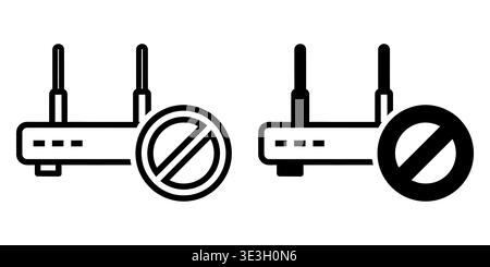 Black and white icons depicting a wireless router with a prohibition sign indicating no connection Vector Stock Vector