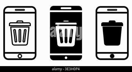 Three different mobile phone icons displaying various styles of trash can delete symbols for apps Vector Stock Vector
