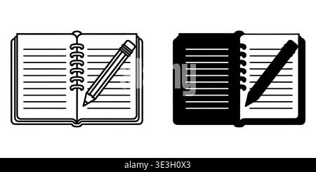 Two distinct vector icons depicting open spiral notebooks with a pencil resting on the lined pages Vector Stock Vector