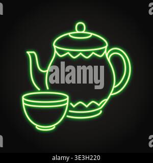 Teapot and cup neon icon. Hot drink symbol, tea ceremony. Vector illustration. Stock Vector