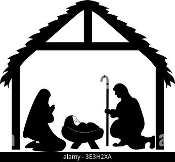 Nativity scene with baby Jesus in the manger, Mary and Joseph. Christmas Stock Vector