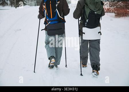 Couple walking on snowy path using trekking poles, carrying backpacks, wearing winter gear, moving away from camera, footprints visible in fresh snow Stock Photo