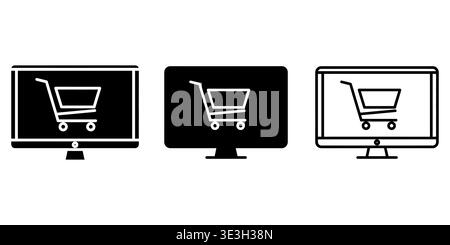 Three variations of computer monitor icons displaying a shopping cart symbol for online retail use Vector Stock Vector