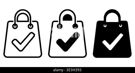 Three variations of shopping bag icons featuring a check mark symbol for retail purchase confirmation Vector Stock Vector