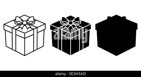 Three different styles of gift box icons showcasing outline, solid, and silhouette design versions Vector Stock Vector