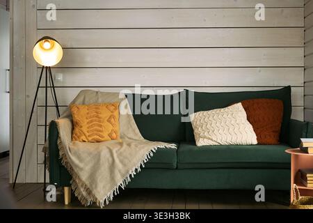 Empty living room scene featuring green sofa with textured pillows and blanket arranged neatly, modern floor lamp standing beside sofa, wooden wall panels forming background, books stacked on table Stock Photo
