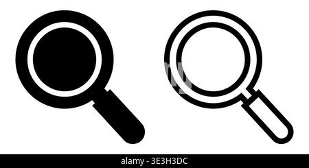 Two distinct magnifying glass icons displayed as a solid black silhouette and a hollow line style Vector Stock Vector