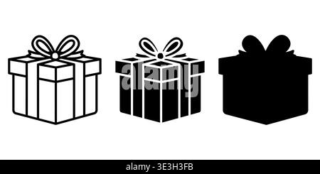 Three different styles of gift box icons featuring line art, solid fill, and silhouette designs Vector Stock Vector