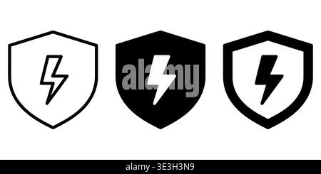 Three variations of shield icons featuring lightning bolt symbols for energy security concepts Vector Stock Vector