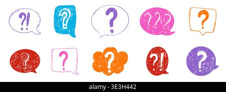 Question mark chalk hand drawn set, crayon texture doodle sketch. Question marks with speech bubbles, punctuation signs for collage. Vector illustration Stock Vector