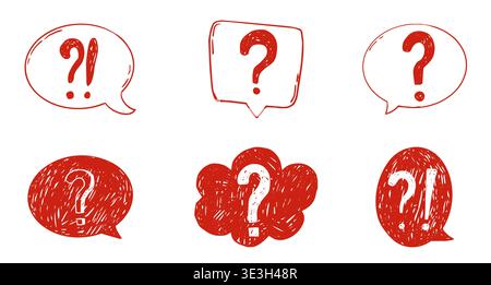 Question mark red chalk hand drawn set, crayon texture doodle sketch. Question marks with speech bubbles, punctuation signs for collage. Vector illustration Stock Vector