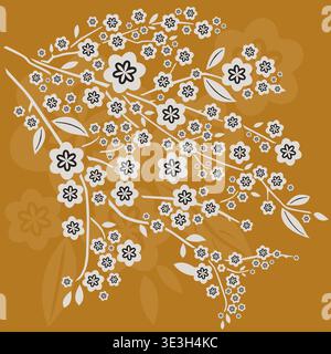 Branches and Blossoms Sakura in Spring on a Beige Pink Background Vector Illustration - Orange Golden background Stock Vector