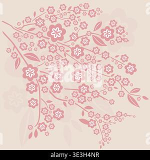 Branches and Blossoms Sakura in Spring on a Beige Pink Background Vector Illustration - Beige Sand Background Stock Vector