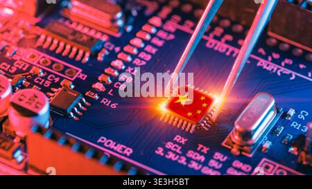 Chip war concept, China flag on Chip. CPU processor made in China. Chinese Microprocessor manufacturer. Stock Photo