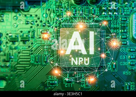 Ai Chips, AI NPU Microprocessor, Discrete Artificial intelligent computer processor on circuit board modern central processing units. Stock Photo