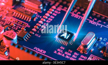Ai Chips, AI microprocessor, Artificial intelligent memory computer processor on circuit board concept. Stock Photo