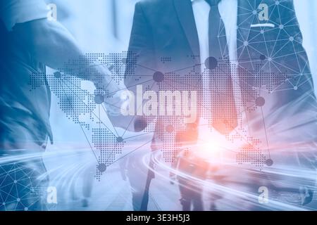 Business people contact with modern worldwide map, Global high speed connection with advance technology digital concept Stock Photo