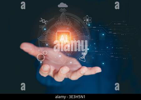 AI computer chip on hand. AI business concept. Artificial Intelligence digital technology applied science. Modern computer technology in Machine Learn Stock Photo