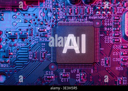 Ai Chips, AI microprocessor, Artificial intelligent memory computer processor on circuit board. Stock Photo