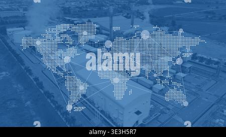 Blank World map overlay with large industry factory building, Power plant, Petroleum complex background on blue color tone graphic for world wide busi Stock Photo