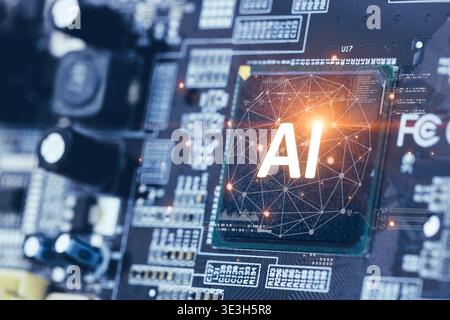 Ai Chips, AI Microprocessor, Artificial intelligent memory computer CPU processor on circuit board concept Stock Photo