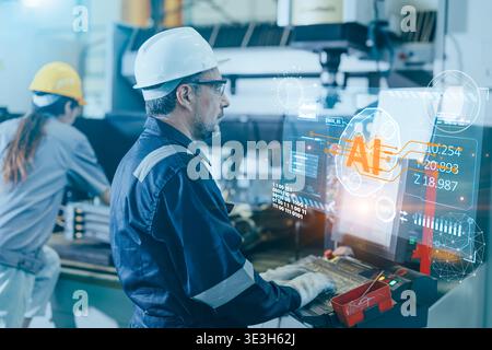 AI Engineering. Engineer worker male work in modern industry using AI technology graphics design concept for background wallpaper Stock Photo