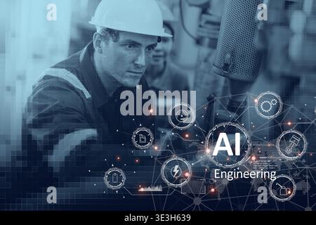 AI Engineering. Engineer worker male work in modern industry using AI technology graphics design concept for background wallpaper Stock Photo