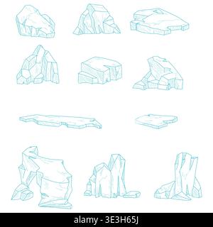 Iceberg, simple line drawing, hand-drawn sketch. Vector illustration. Set of ice blocks, isolated on a white background. Not AI Stock Vector