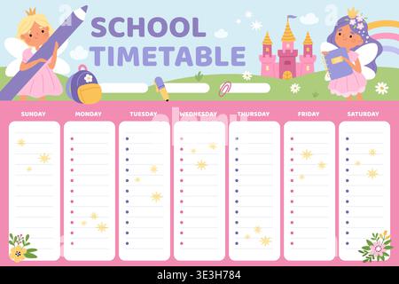 School schedule with princesses. Girly pink design with little fairies with wings in crowns, timetable kids typographic template, education Stock Vector
