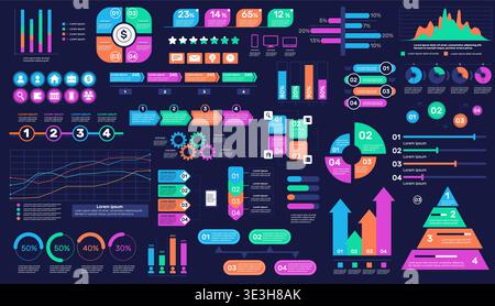 Infographics flat elements. Apps and web assets, bright simple colorful icons, tables, diagrams, charts and graphs interface elements, presentation Stock Vector