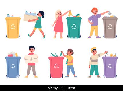 Funny boys and girls sort garbage. Children volunteers put different waste types in colored trash cans, save nature, recycling habits and Stock Vector