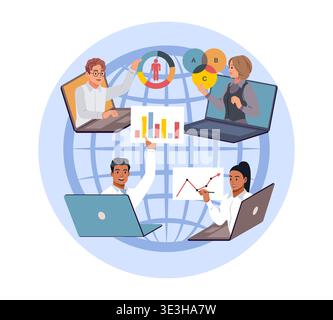 Digital education. Internet conference, online technical negotiations, virtual teamwork, remote collaboration with laptops, global communication Stock Vector