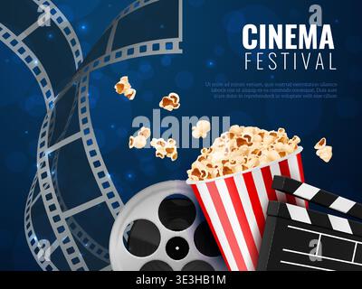 Cinema festival poster. Clapperboard, bucket of popcorn, film roll, entertainment marketing invitation banner design, movie event festival promotion Stock Vector