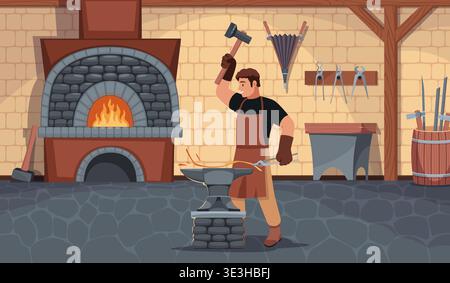 Blacksmith in shop. Professional in apron makes metal product, furnace with fire, strong man hits hammer on anvil, industrial labor workshop scene Stock Vector