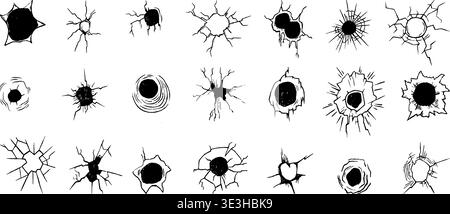 Hand drawn bullet holes. Cracked effects, damaged glass, wall, concrete. Trace of shooting, gunshot wound graphic design effect. Cracks, broken Stock Vector