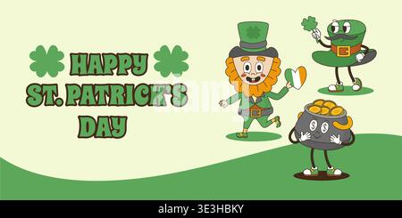Saint patricks day groovy background. Leprechaun, green hat and cauldron pot with golden coins funny retro style characters, neoteric vector poster Stock Vector
