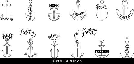 Anchor labels design. Decorative anchors with different phrases for design. Nautical style logo, sea ocean adventures, home symbols, neoteric vector Stock Vector