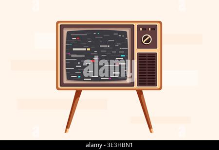 Tv screen no signal. Retro television with tube screen and wide wooden housing. Vintage digital gadget with white noise effect, sapid vector poster Stock Vector