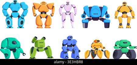 Cartoon cyborgs. Technology machines characters, futuristic warriors in armor with ai infrastructure. Transformer robots, children toys sapid vector Stock Vector