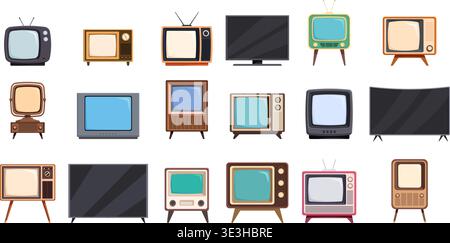 Retro and modern television. Old style televisions with tube glass screens in wide housings. Flat modern narrow tv, curved screen without frame, sapid Stock Vector