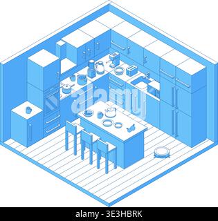 Isometric kitchen interior. Cooking area and dining room. 3d interior design with small appliances, cabinets, crockery. Living process, nifty vector Stock Vector