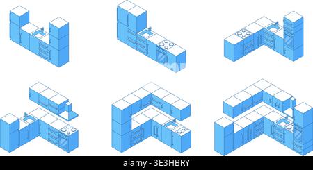 Isometric line kitchen design. Various kitchen furniture, cabinets and electronics. Cooking area 3d combinations, home interior, nifty vector set Stock Vector