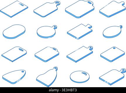 Isometric cutting board icons. Kitchen equipment for cut raw ingredients. Boards for prepare food, hot dish stands. Kitchenware nifty vector set Stock Vector