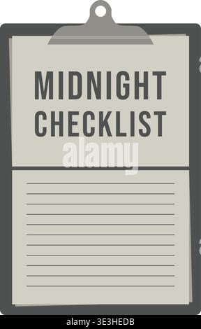 Clipboard style note sheet illustration featuring midnight checklist text above a lined writing area on a muted rectangular board. Stock Vector