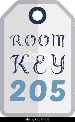 Tall key tag illustration featuring room key text and a large number beneath a circular hanging hole on a vertical label. Stock Vector